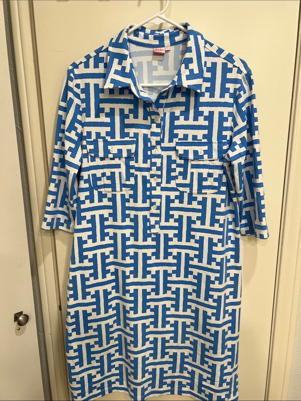Blue & White Geometric Midi Dress with Shirt Collar